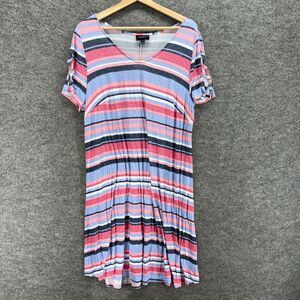 Lane Bryant Dress Women 14/16 Blue Striped Shift Midi V-Neck Short Sleeve Rayon